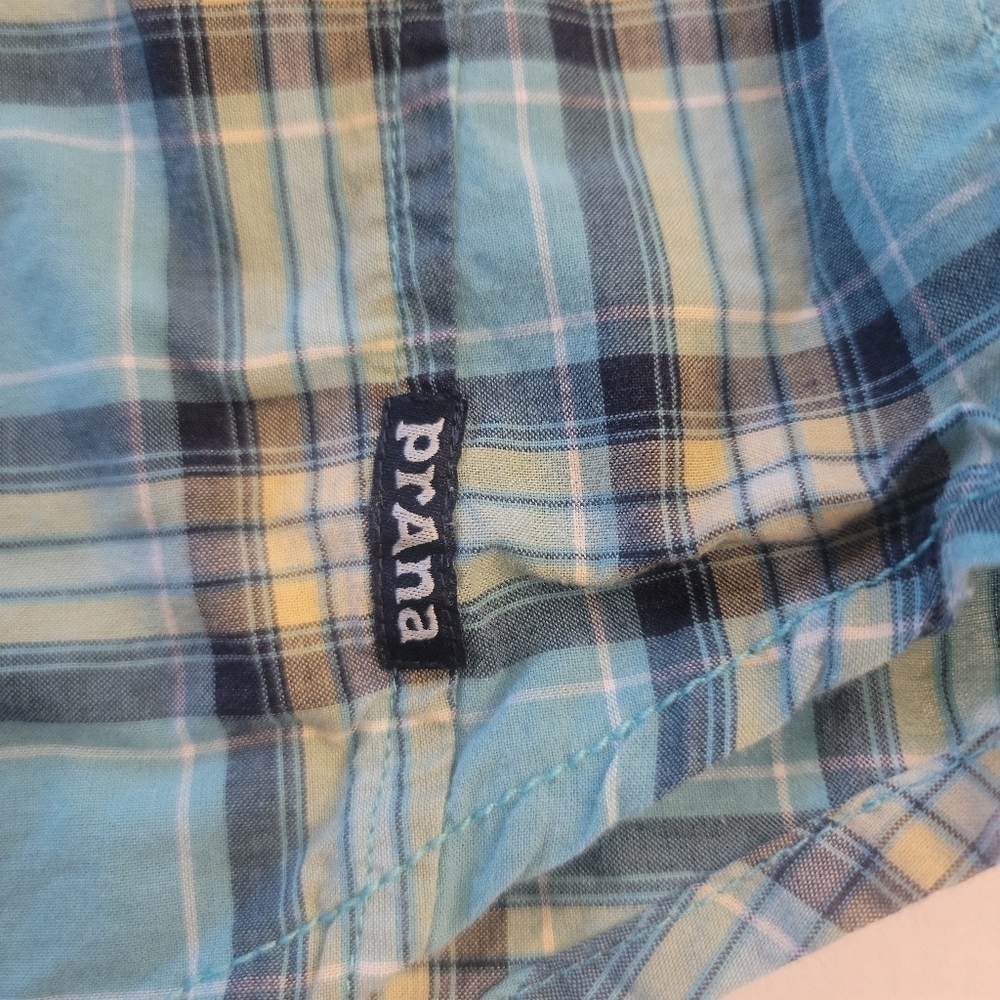 Mend PrAna shirt GRADEN Collared Short Sleeve Button Up Plaid Teal SZ L - Picture 8 of 8